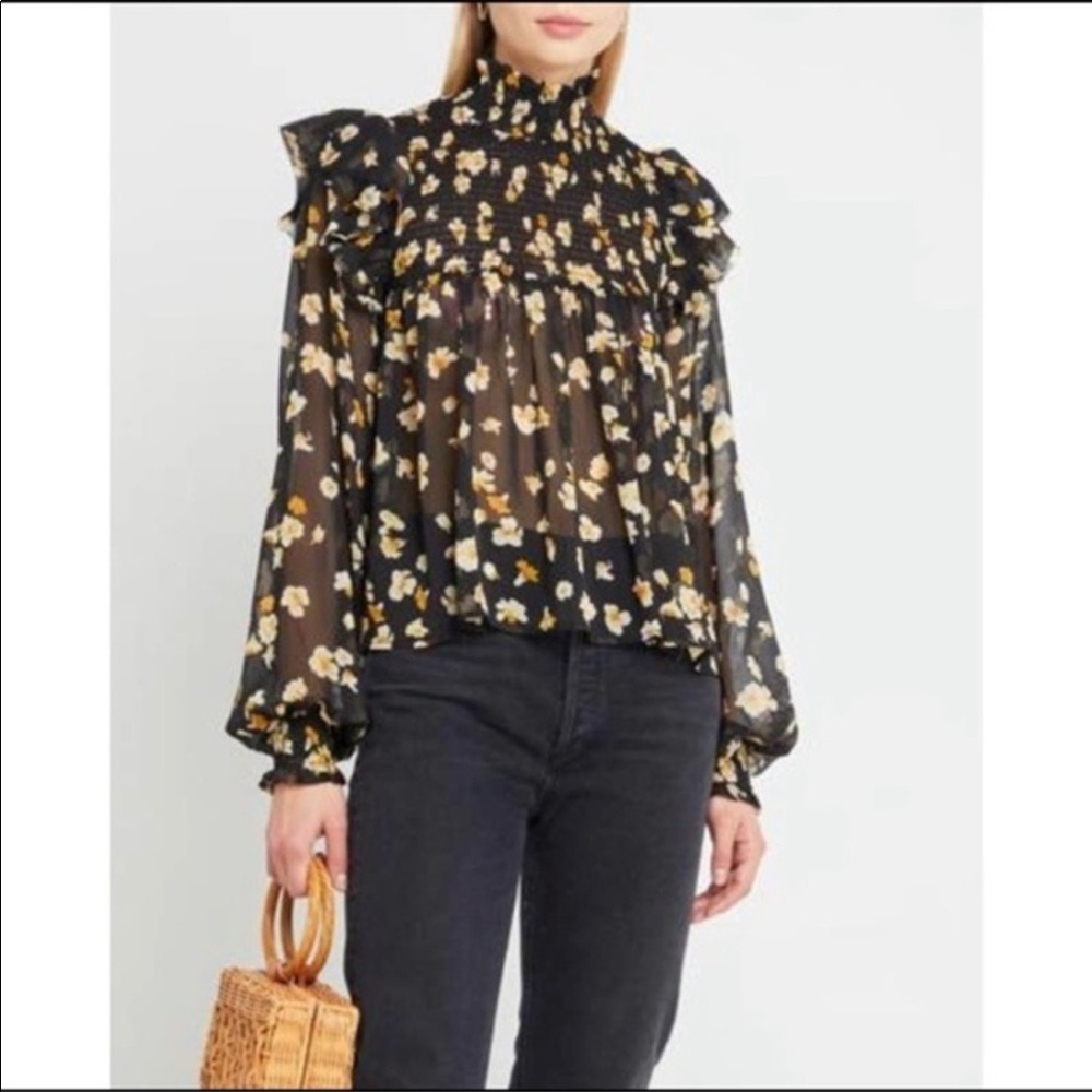 O.P.T. Anthropologie Smocked Mock Neck Dark Floral Ruffle Blouse Size S Cottage